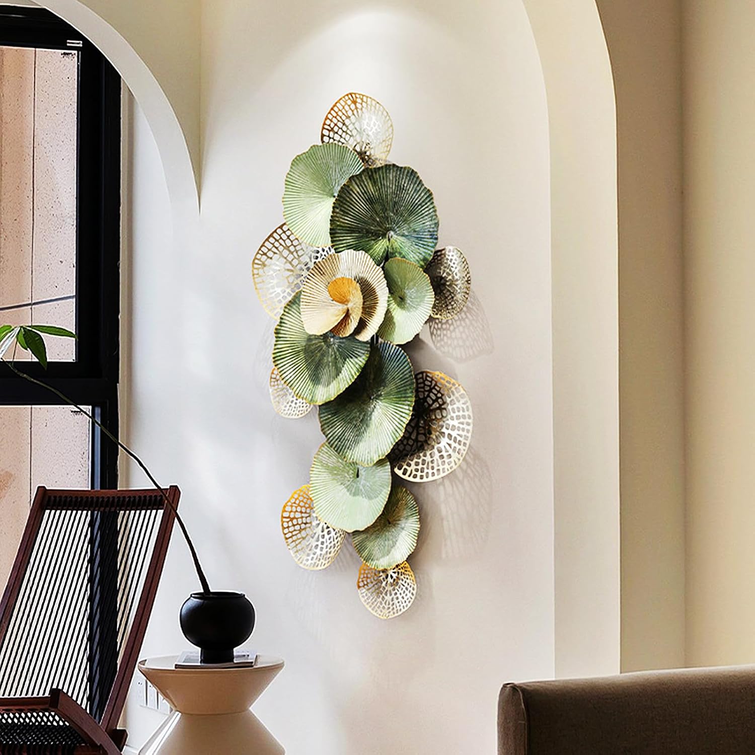 Large Green Gold Lotus Metal Wall Art