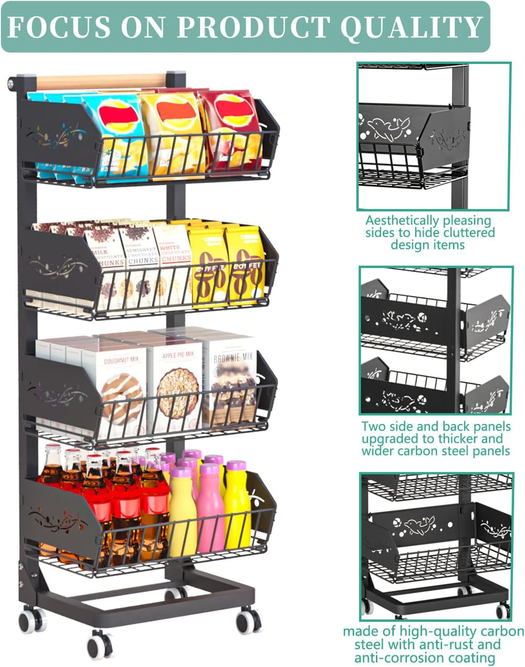 4 Tier Black Rolling Utility Cart