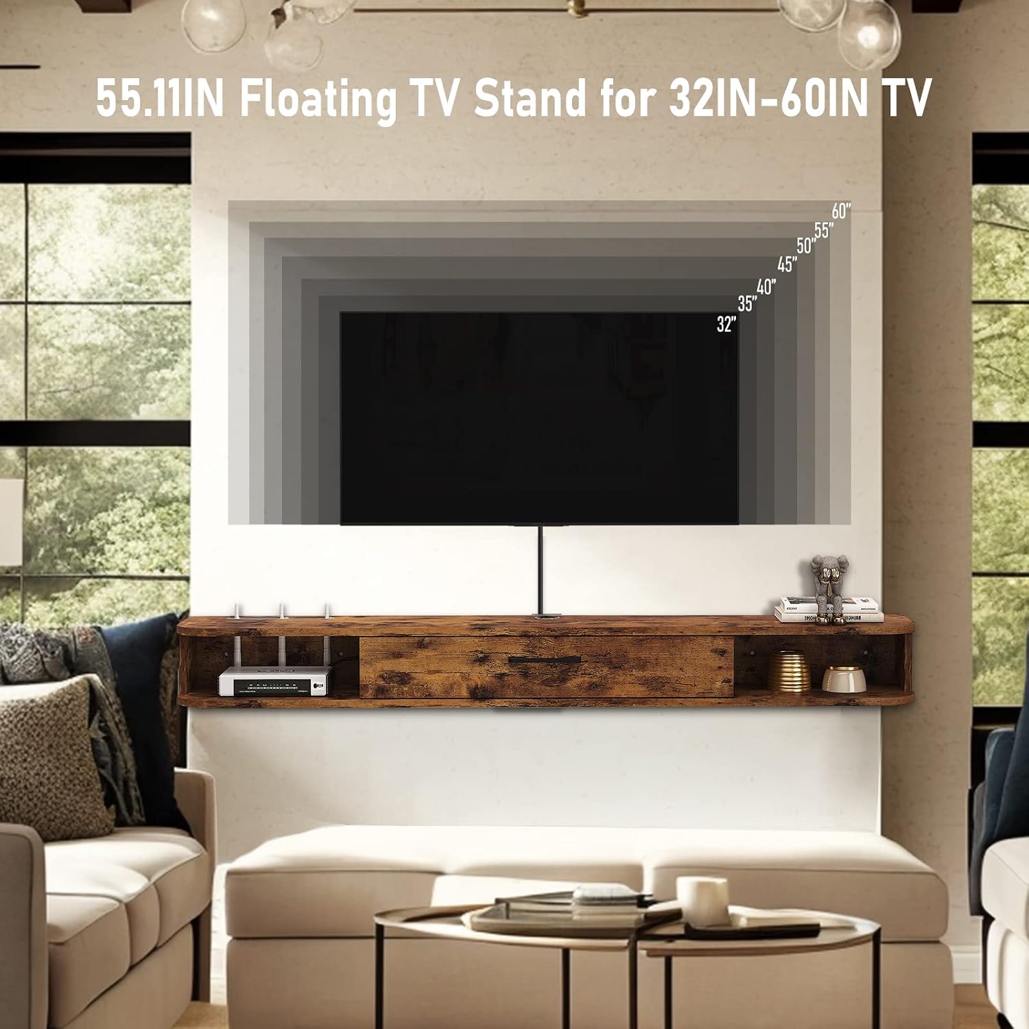 55" Rustic Brown Floating TV Cabinet