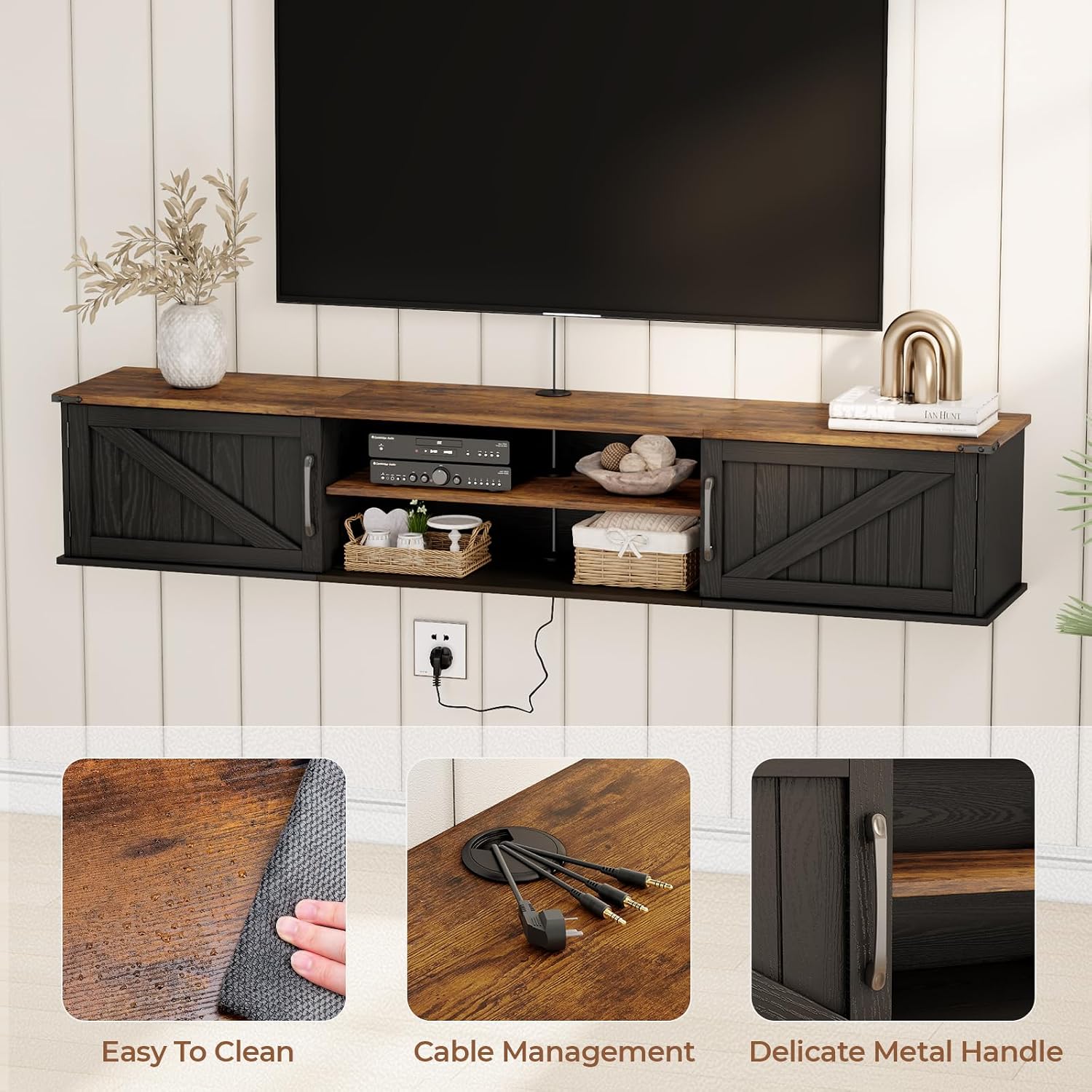 63" Black Farmhouse Floating TV Stand