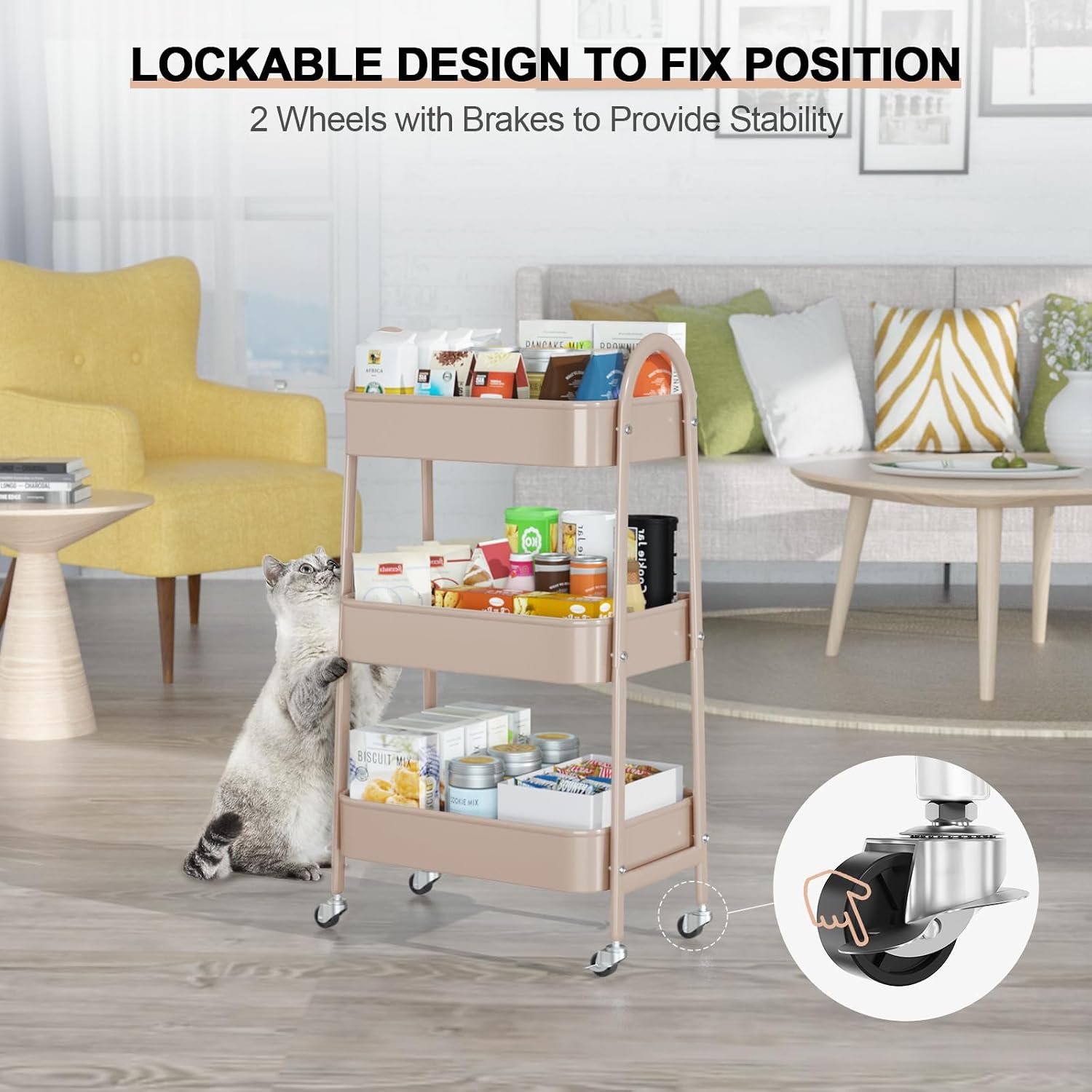 3 Tier Beige Rolling Utility Cart