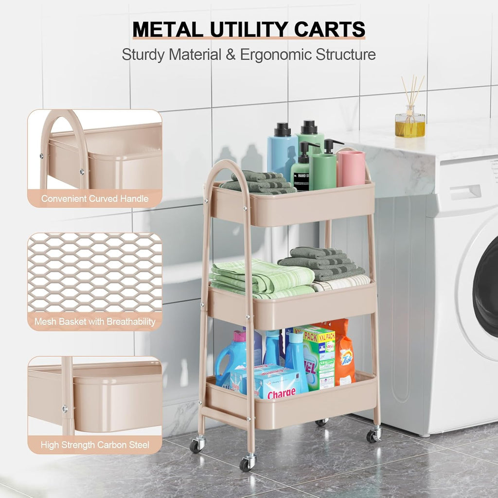 3 Tier Beige Rolling Utility Cart