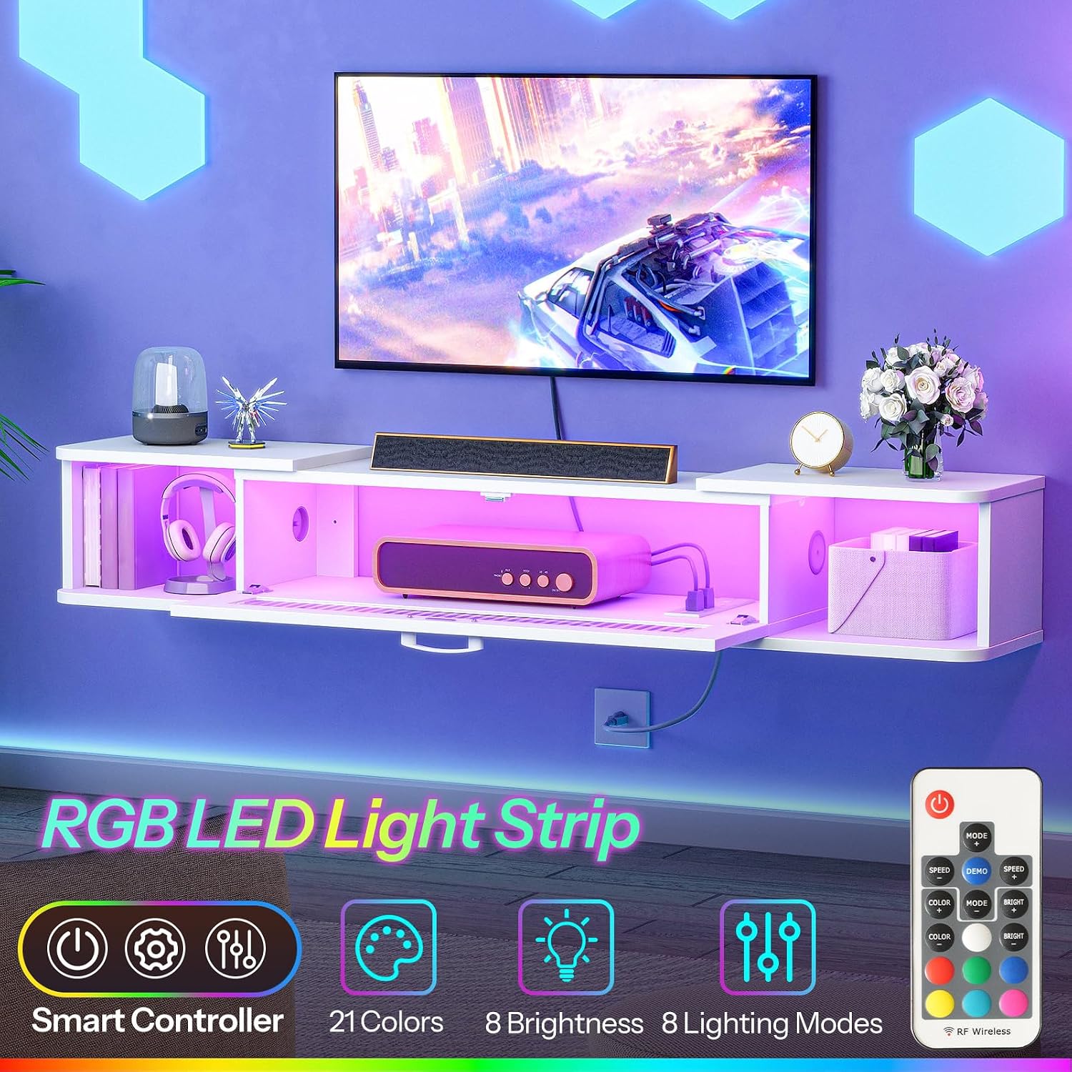 Floating White LED TV Stand for 65" TV