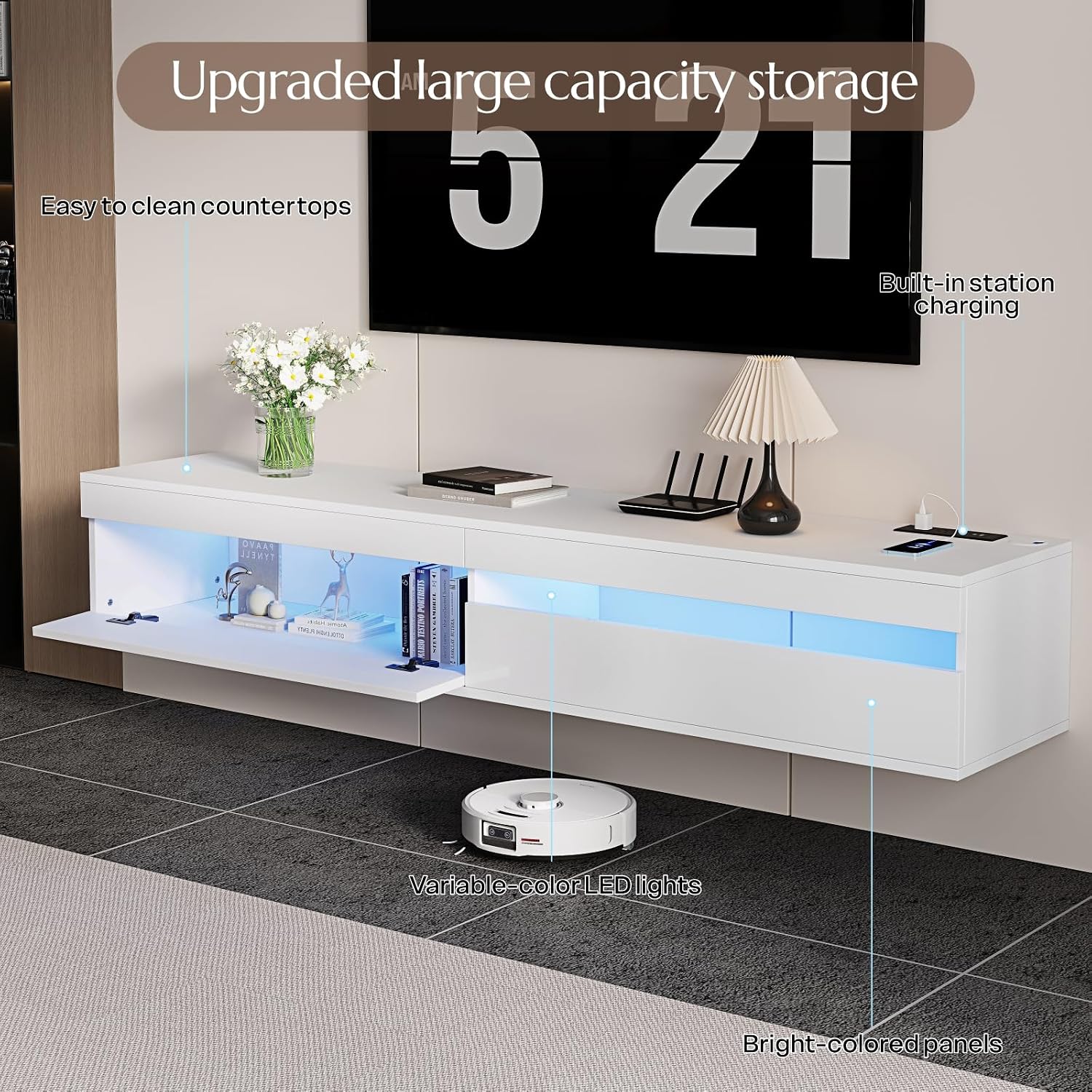 71" White Floating LED TV Stand
