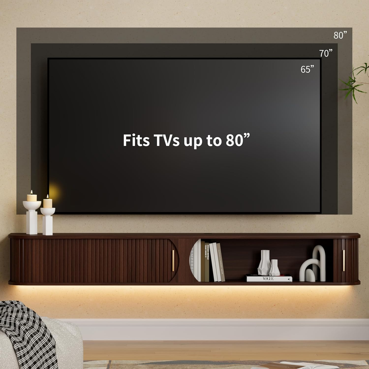 71" Walnut Floating RGB LED TV Stand