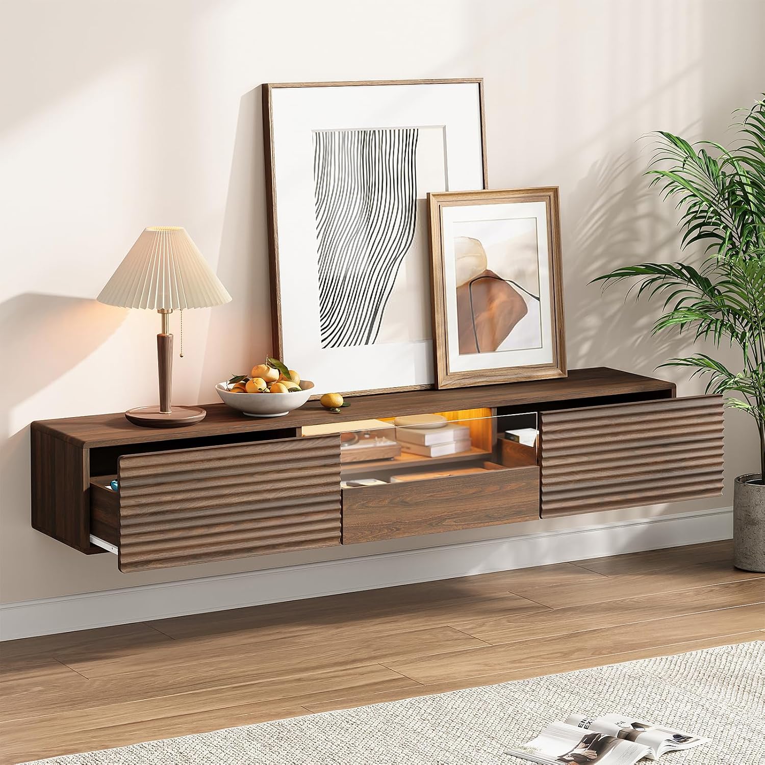 63" Walnut Floating LED TV Stand