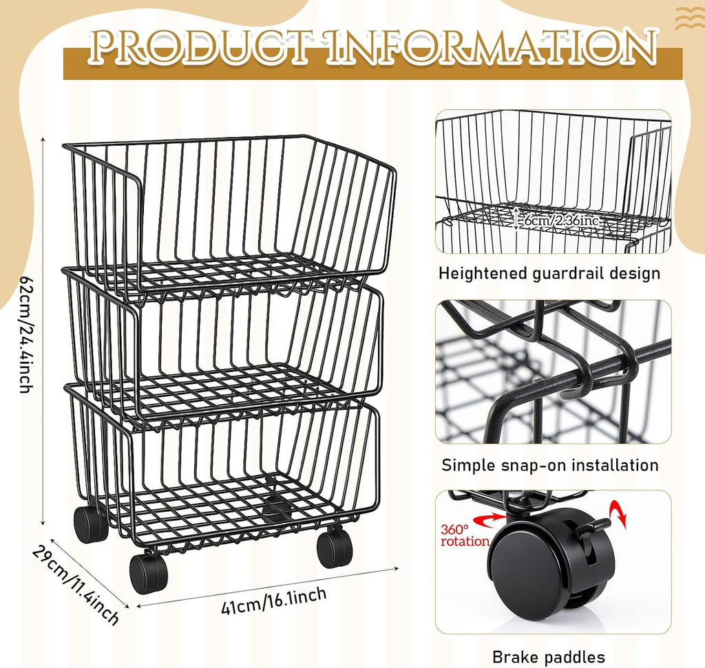 3 Tier Black Rolling Storage Cart