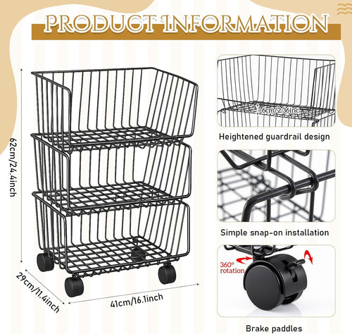 3 Tier Black Rolling Storage Cart