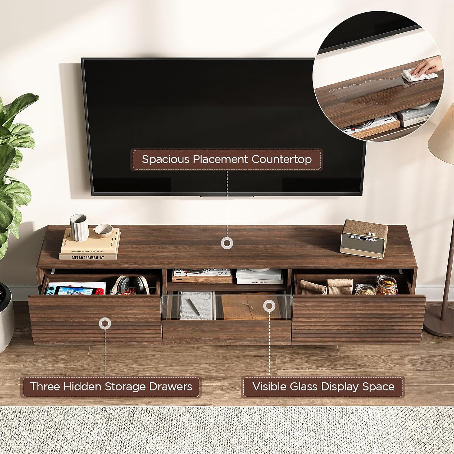 63" Walnut Floating LED TV Stand