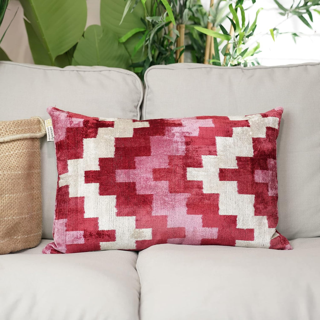 Pink Red Geometric Velvet Pillow